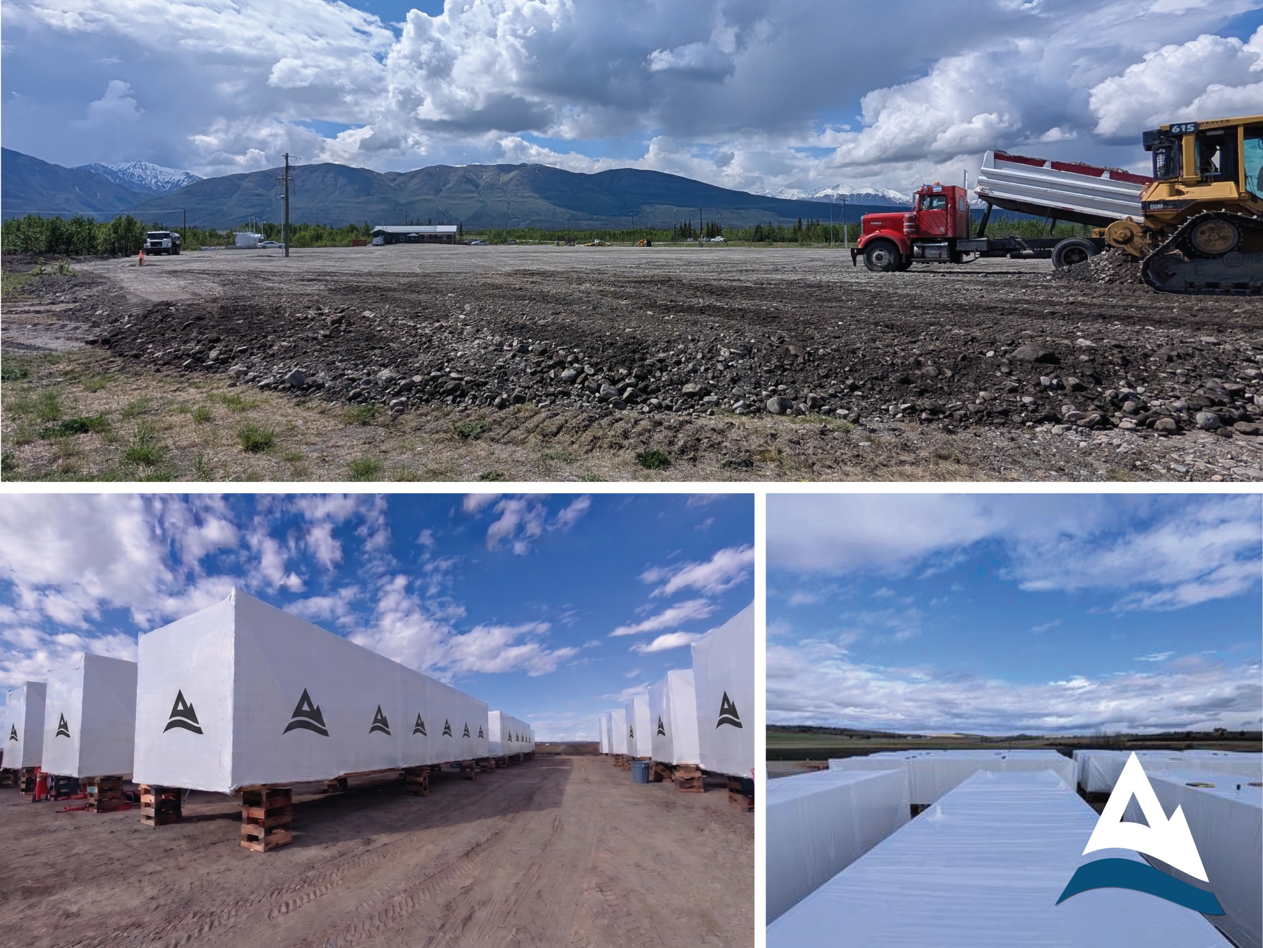 Tasu modular units wrapped and staged on cribbing at the Burwash Landing site in the Yukon, with graded site preparation and a mountain backdrop