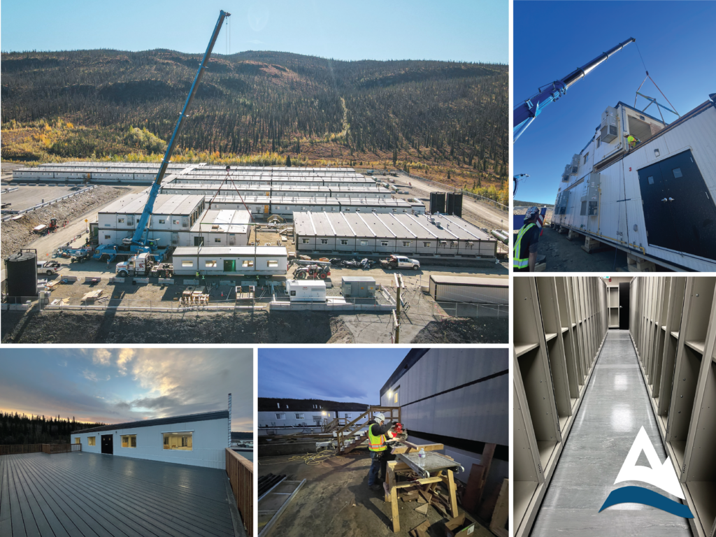 Crane setting modular units at Tasu's Faro mine-dry installation in the Yukon, with completed exterior deck, on-site trades work, and finished interior corridor